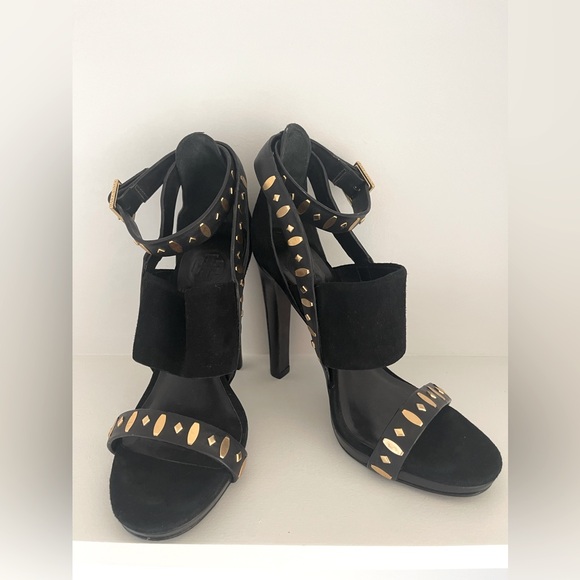 Tory Burch Verona Size 6.5 Black Suede Gold Studded High Heels - Picture 8 of 9